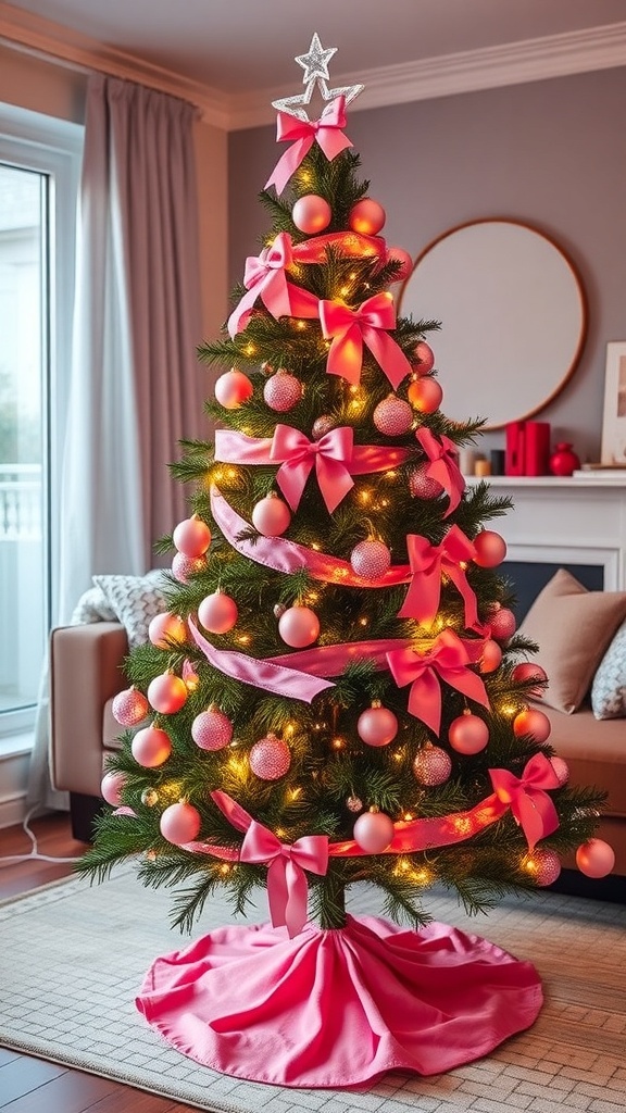 A 4ft Christmas tree decorated with pink ornaments and ribbons in a cozy living room.